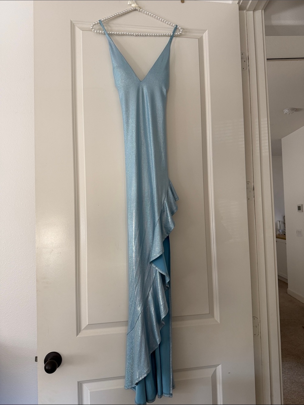 Light Blue Satin Ruffle Slip Dress - Women's